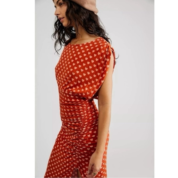 Free People Lakeside Heart Printed Midi Maxi Dress Small Ginger Rust Brown Fall - Picture 8 of 16